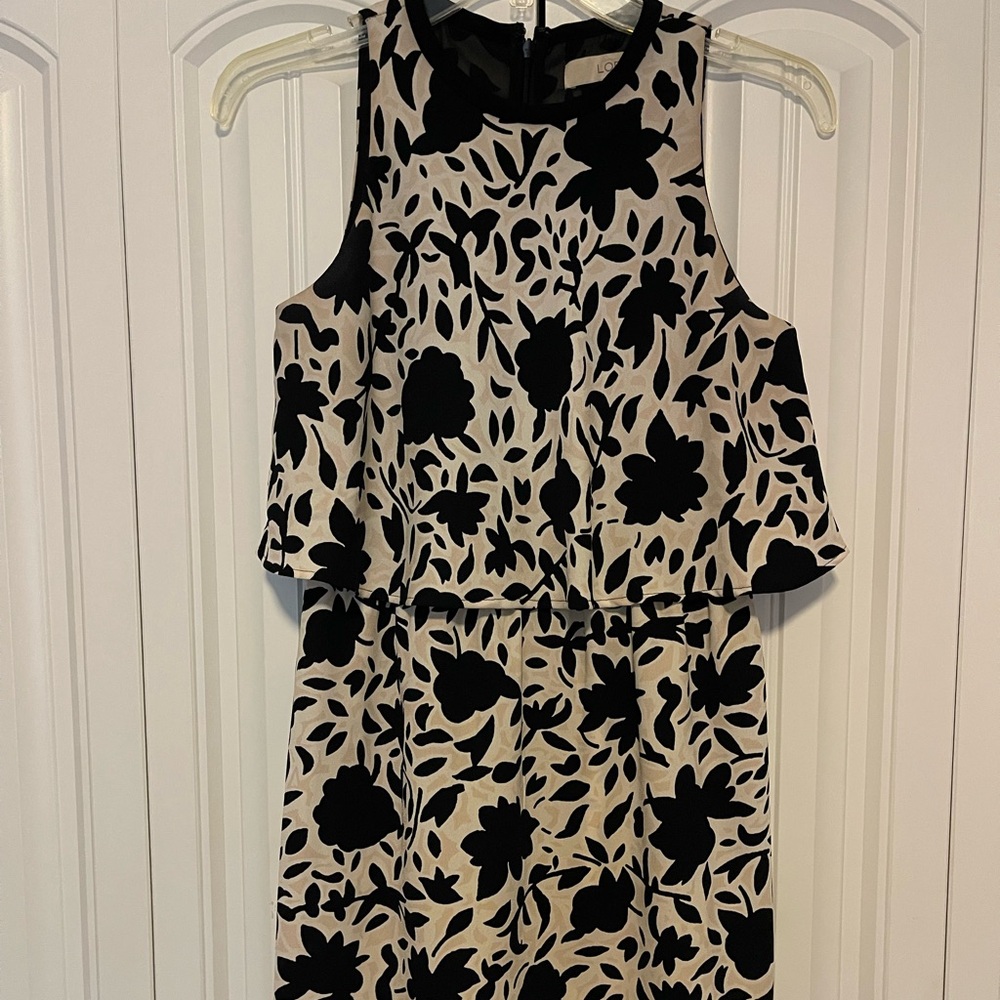 LOFT Black and Cream Floral Midi Dress size 0P